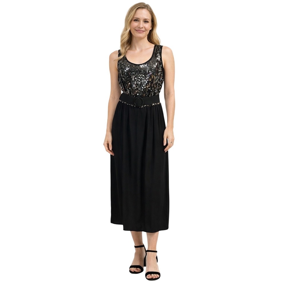 Juniors Dress 9/10 Black Sleeveless Sequin Belted Evening Gown Keyhole Slit HOCO